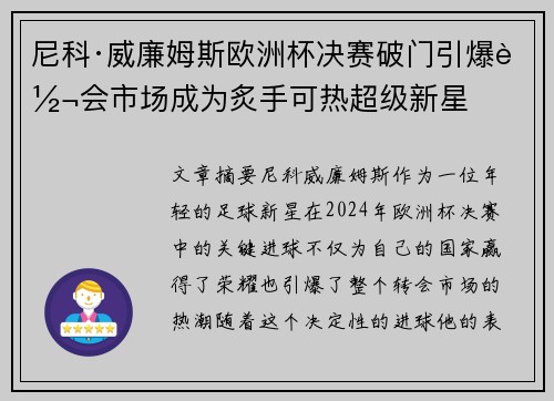 尼科·威廉姆斯欧洲杯决赛破门引爆转会市场成为炙手可热超级新星